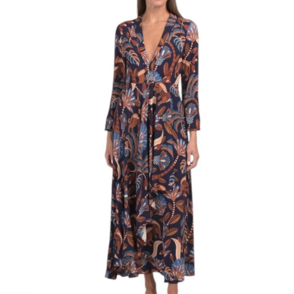Farm Rio Nature Beauty Blue Long Sleeve Neckline Maxi Dress Women's Small $220